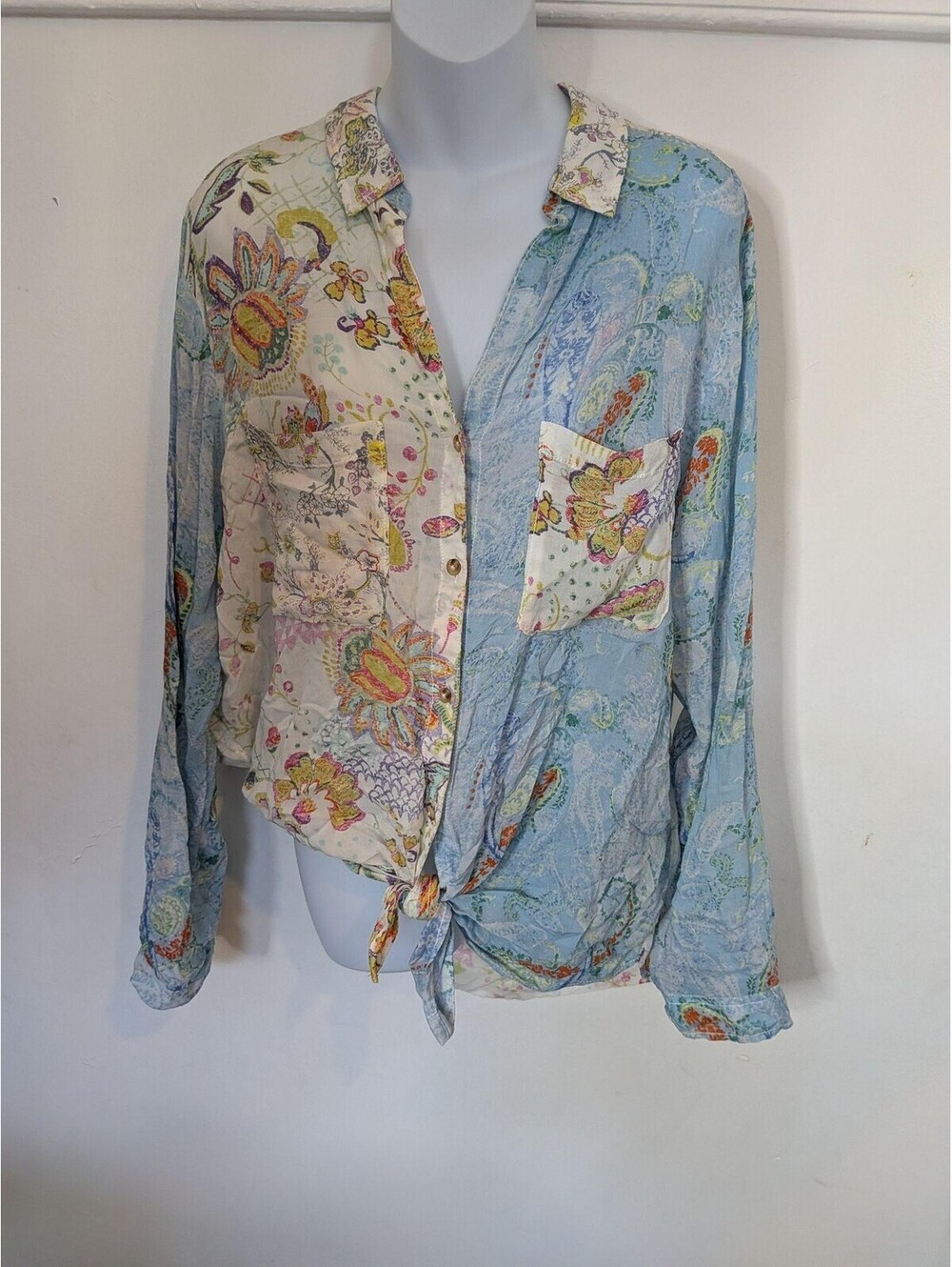 Pilcro Blouse Womens M Multicolor Floral Sheer Tie Front Button Top Boho